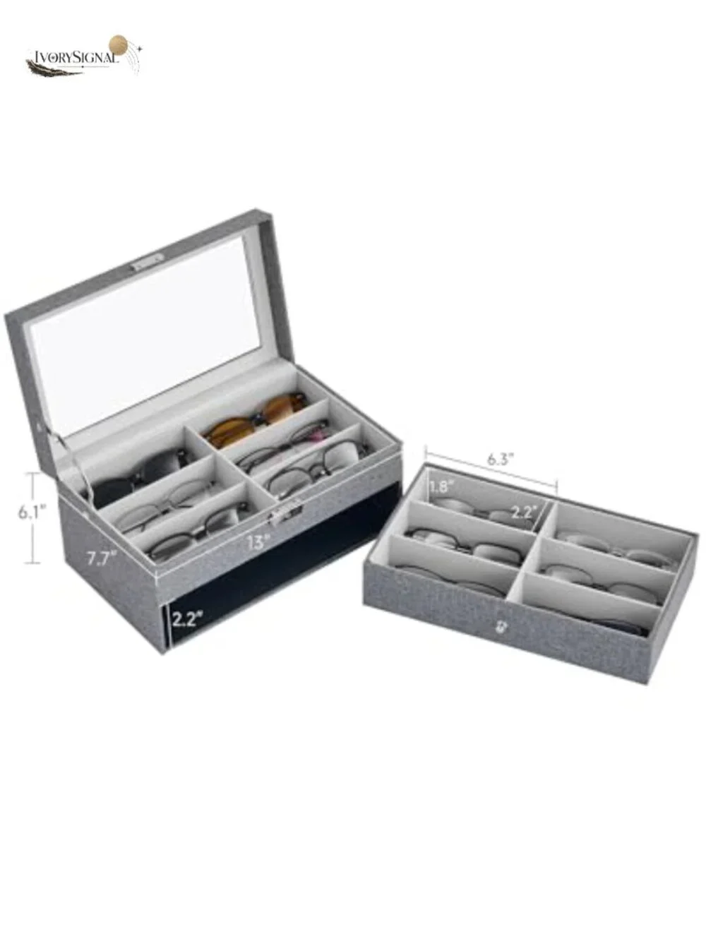 Linen Sunglasses Organizer Case with 12 Slots, Lockable Glass Lid, Jewelry